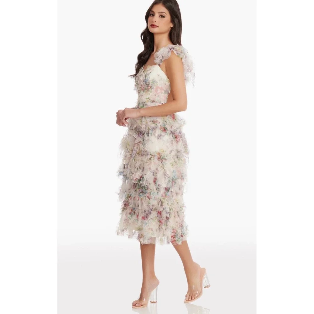NWT Dress the Population Kristen Ivory Multi Ruffle Tier‎ Midi Dress Sz Small - Picture 4 of 9